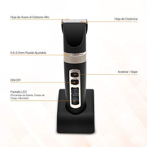 Powerextra Cortapelos Profesional Hombres - Cortadora de Pelo Inalámbrica para Vello Facial Corporal y de Nariz Pantalla LED Batería Recargable - Recortador de Barba y Cortapelos 7Accesorios