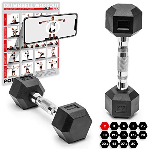 POWRX - Mancuernas hexagonales 25 kg Set (2 x 12,5 kg) - Revestimiento de Goma + PDF Workout (Negro)