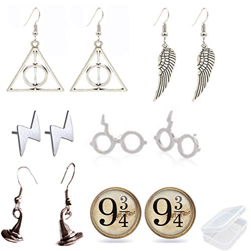 PPX Conjunto de Aretes con Aretes de 6 - Reliquias de la Muerte/Golden Snitch/Plataforma 9 3/4 Estilos Múltiples,con Joyero Transparente