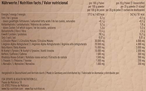 Pre Entreno – L-Arginina AAKG + Citrulina Malato + Beta Alanina + Cafeína – hecho en Alemania – FSA Nutrition – 360g en Polvo – anillos de manzana ácidos