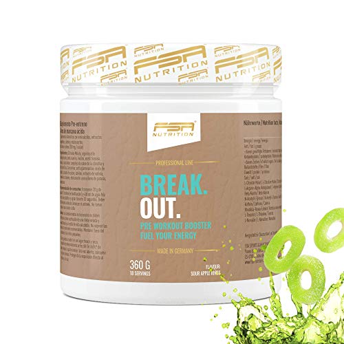 Pre Entreno – L-Arginina AAKG + Citrulina Malato + Beta Alanina + Cafeína – hecho en Alemania – FSA Nutrition – 360g en Polvo – anillos de manzana ácidos