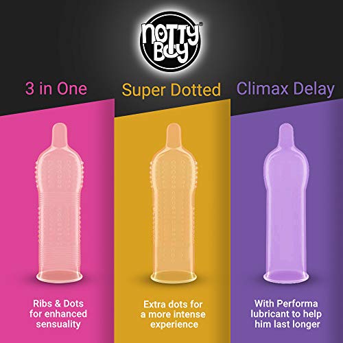 Preservativos NottyBoy – un surtido de 3 en 1 costillas y puntos, preservativos extra punteados y de larga duración con lubricante especial retardo, paquete de 200