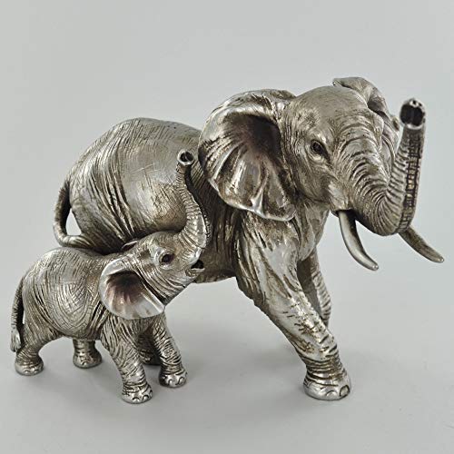 Prezents.com - Escultura de elefante para madre y bebé, diseño de plata envejecida, hermosa decoración del hogar o idea de regalo de 13 cm