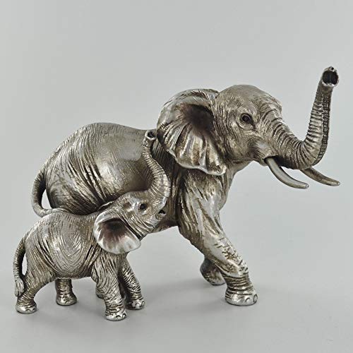 Prezents.com - Escultura de elefante para madre y bebé, diseño de plata envejecida, hermosa decoración del hogar o idea de regalo de 13 cm