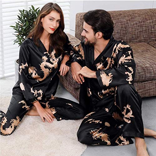 Primavera y otoño pareja de alta simulación de seda, fina china de manga larga, juego de pijamas para servicio a domicilio (color negro, talla para hombre 2XL)
