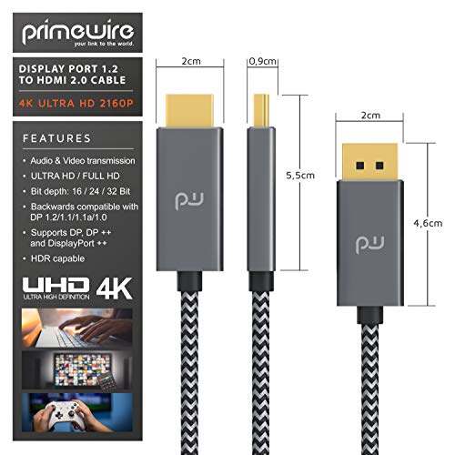Primewire - 2m - Cable Displayport a HDMI - 4K estándar 2.0 - UHD 3840 x 2160 @ 60 Hz - Adaptador DP a HDMI con protección contra Arrugas - Contactos Dorados - Monitor TV Laptop PC Tarjeta de Video