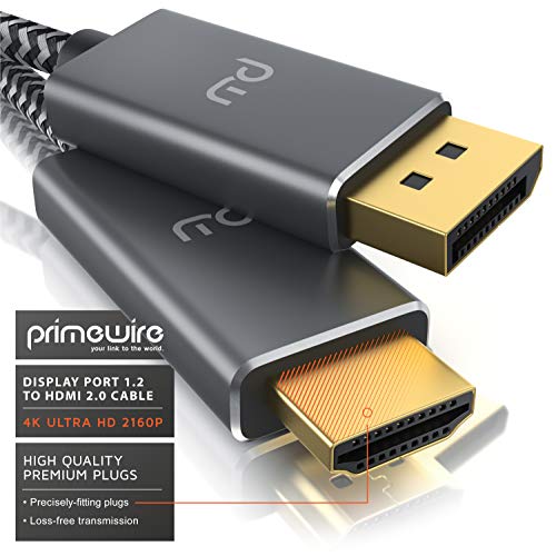 Primewire - 2m - Cable Displayport a HDMI - 4K estándar 2.0 - UHD 3840 x 2160 @ 60 Hz - Adaptador DP a HDMI con protección contra Arrugas - Contactos Dorados - Monitor TV Laptop PC Tarjeta de Video