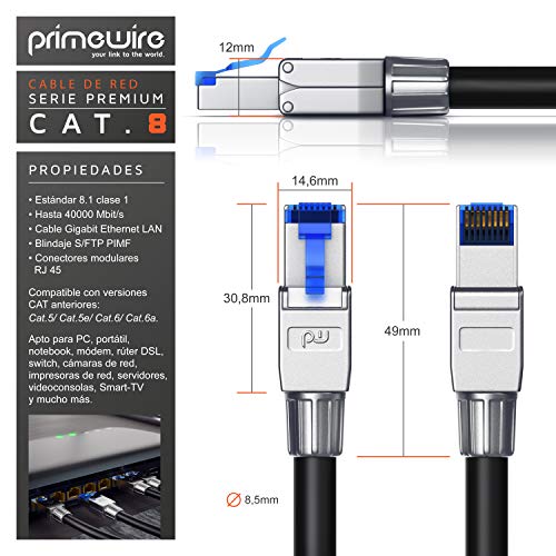 Primewire - 5m Cable de Red Cat.8 40 Gbit/s - S FTP PIMF - Conectores RJ45 modulares - Switch Router Modem Access Point - Cable Ethernet LAN Fibra óptica