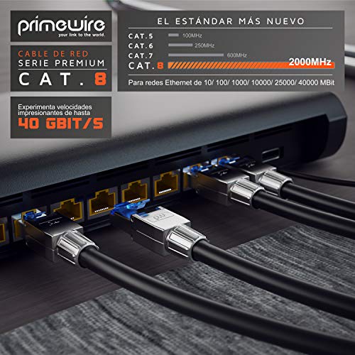 Primewire - 5m Cable de Red Cat.8 40 Gbit/s - S FTP PIMF - Conectores RJ45 modulares - Switch Router Modem Access Point - Cable Ethernet LAN Fibra óptica