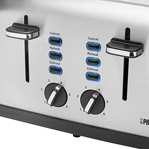 Princess 142355 - Tostadora con cuatro ranuras, 1750 W, 6 grados de tostado, Función de descongelado, 2 Bandejas migas extraíbles, Acero inoxidable, Color Plata