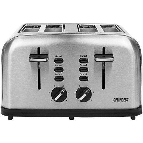 Princess 142355 - Tostadora con cuatro ranuras, 1750 W, 6 grados de tostado, Función de descongelado, 2 Bandejas migas extraíbles, Acero inoxidable, Color Plata