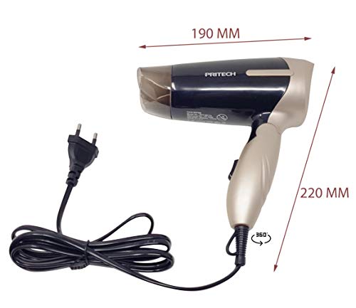 Pritech Secador de pelo de viaje plegable TC-2260 función Ionic, boquilla concentradora de aire, 2 velocidades, perfecto para viaje y para llevarlo a fuera. Secador pequeño 1000W (Dorado)