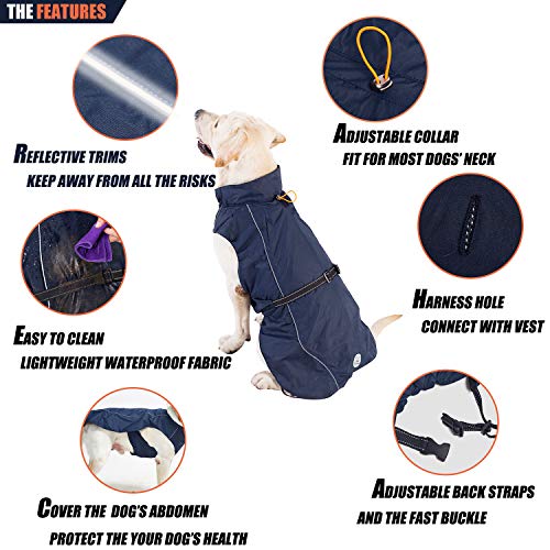 Pro Plums - Chubasquero ajustable para perro, ligera, con correas reflectantes, hebilla y agujero para arnés El mejor regalo para perros grandes y medianos pequeños (XXL, azul marino)