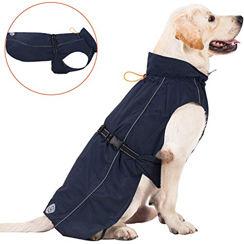 Pro Plums - Chubasquero ajustable para perro, ligera, con correas reflectantes, hebilla y agujero para arnés El mejor regalo para perros grandes y medianos pequeños (XXL, azul marino)