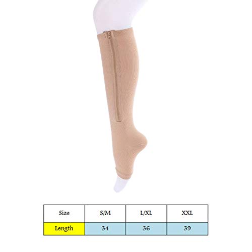 probeninmappx Cremallera De Nylon compresión del calcetín de la Pierna Ayuda de la Rodilla Punta Abierta de Prevención de Las Venas varicosas Estiramiento Calcetinescolor de Piel