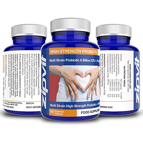 Probióticos y Prebióticos Complex 6 Billones CFU con 5 cepas de bacterias por porción. 60 cápsulas vegetales. Hecho en el Reino Unido por Zipvit
