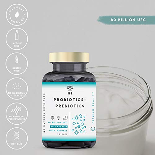 Probióticos y Prebióticos Intestinales, 60 cápsulas 40 Billones de Bacterias Probióticas Naturales, Mujer y Hombre. Mantenimiento Flora Intestinal, Trastornos Gastrointestinales. N2 Natural Nutrition