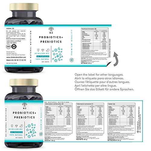 Probióticos y Prebióticos Intestinales, 60 cápsulas 40 Billones de Bacterias Probióticas Naturales, Mujer y Hombre. Mantenimiento Flora Intestinal, Trastornos Gastrointestinales. N2 Natural Nutrition