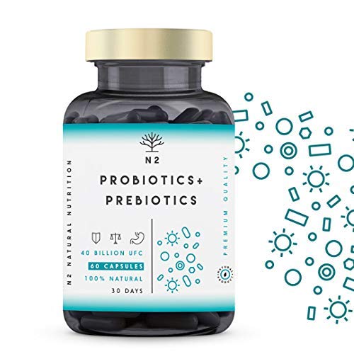 Probióticos y Prebióticos Intestinales, 60 cápsulas 40 Billones de Bacterias Probióticas Naturales, Mujer y Hombre. Mantenimiento Flora Intestinal, Trastornos Gastrointestinales. N2 Natural Nutrition