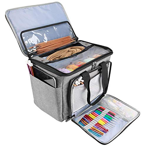 ProCase Bolsa Grande Crochet Ganchillos (Bolsa Sola Sin Accesorios), Bolsa Organizadora DE Gran Capacidad con Divisor Interno para Aguajas de Tejer Cicurlares Rectas, Ganchos y Madejas -Gris