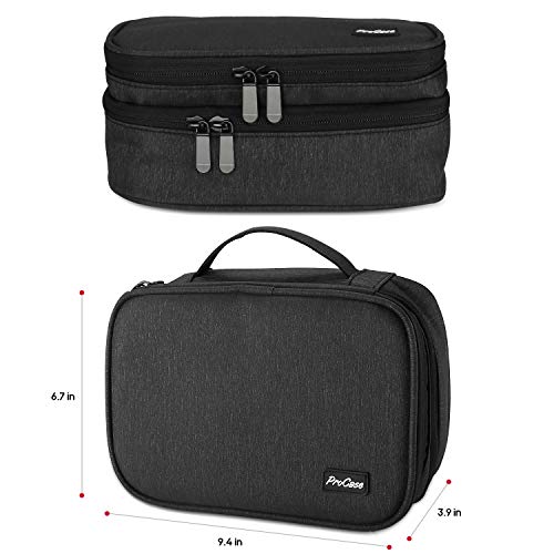 ProCase Organizador de Viaje para Electrónica, Bolsa de Almacenamiento de Capa Doble Caja de Transporte Universal para Equipo de Viaje iPad Mini Cables Cargador Adaptador Disco Duro y Más –Negro