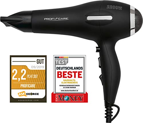 ProfiCare HT 3017 - Secador de pelo iónico con motor profesional AC, 3 niveles de temperatura, 2 temperatura, 2200 W, color negro