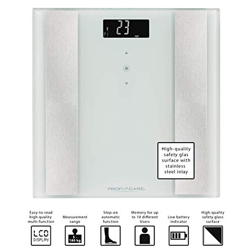ProfiCare PW 3007 - Báscula baño digital con análisis corporal de 8 funciones diagnóstico, color blanco inox