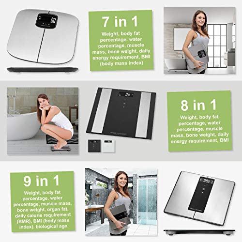 ProfiCare PW 3007 - Báscula baño digital con análisis corporal de 8 funciones diagnóstico, color blanco inox