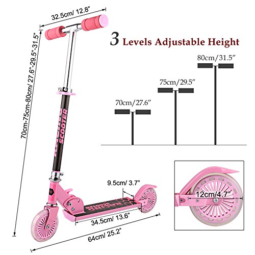 Profun Patinete 2 Ruedas Patinete Plegable para Niños Patinete Infantil con Freno Altura del Manillar Ajustable Patinete Niño Scooter con Luz Led Patinete con Luces para Niñas de 3 - 10 Años (Rosa)