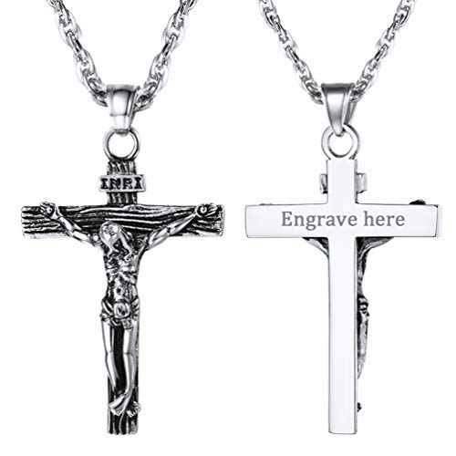 PROSTEEL Collar Cruz Crucifijo INRI/Collar Personalizable Grabado DIY de Acero Inoxidable Dorado/Negro/Plateado/Rosado con Cadena Singapur