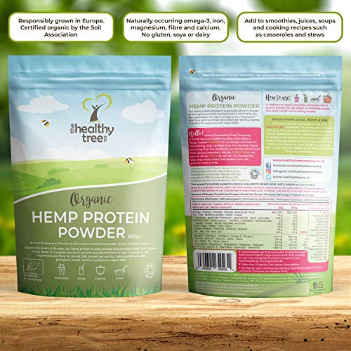 Proteína de Cáñamo Orgánico en Polvo de TheHealthyTree Company - Cosechado en Europa - Vegano, Alto en Omega-3, Hierro, Aminoácidos y Magnesio - Proteína Cáñamo Crudo (600 g)
