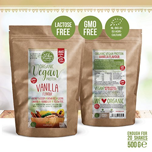 Proteína Vegana - Vainilla - 72% Proteína - Certificado Orgánico - Sin: Alergenos, Lactosa, OGM, Aditivos Artificiales, Edulcorantes Artificiales - 500 Grams