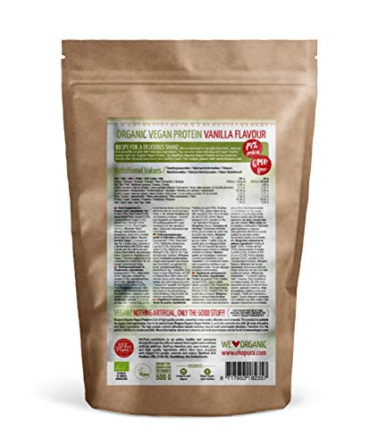 Proteína Vegana - Vainilla - 72% Proteína - Certificado Orgánico - Sin: Alergenos, Lactosa, OGM, Aditivos Artificiales, Edulcorantes Artificiales - 500 Grams