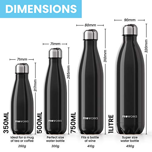 Proworks Botellas de Agua Deportiva de Acero Inoxidable | Cantimplora Termo con Doble Aislamiento para 12 Horas de Bebida Caliente y 24 Horas de Bebida Fría - Libre de BPA - 500ml – Negro