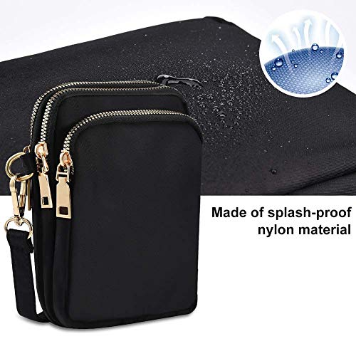 PTONZ Bolsa Bandolera de Nailon 3 Capas con Cremallera Impermeables Bolsa de Hombro Niñas Ligero Bolso de La Carpeta Pequeña Bolso de Teléfono Móvil Mini Bandolera para Mujer (Negro)
