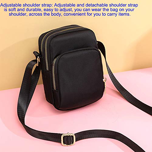 PTONZ Bolsa Bandolera de Nailon 3 Capas con Cremallera Impermeables Bolsa de Hombro Niñas Ligero Bolso de La Carpeta Pequeña Bolso de Teléfono Móvil Mini Bandolera para Mujer (Negro)