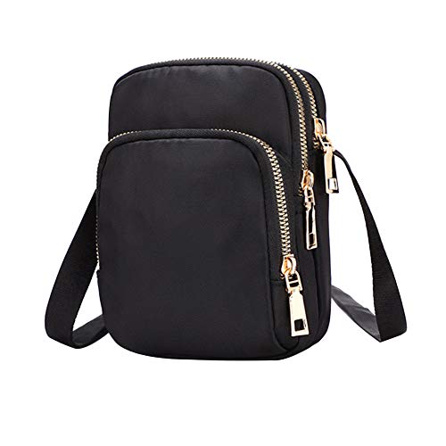 PTONZ Bolsa Bandolera de Nailon 3 Capas con Cremallera Impermeables Bolsa de Hombro Niñas Ligero Bolso de La Carpeta Pequeña Bolso de Teléfono Móvil Mini Bandolera para Mujer (Negro)