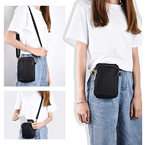 PTONZ Bolsa Bandolera de Nailon 3 Capas con Cremallera Impermeables Bolsa de Hombro Niñas Ligero Bolso de La Carpeta Pequeña Bolso de Teléfono Móvil Mini Bandolera para Mujer (Negro)