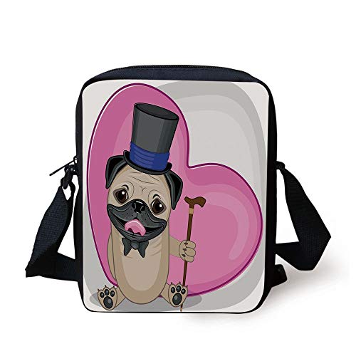 Pug,Presentable Funny Dog with a Top Hat and a Cane in front of a Giant Heart Decorative,Pink Black Eggshell Print Kids Crossbody Messenger Bag Purse