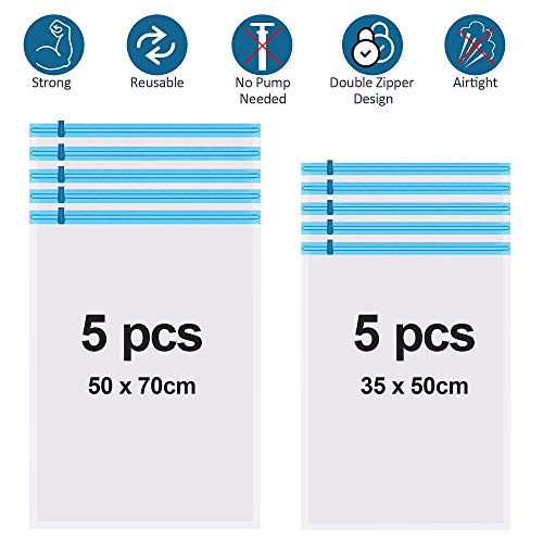 PullPritt Bolsas de Almacenaje al Vacío,10 Unidades Bolsas de compresión enrolladas a Mano Reutilizables para Ropa, Viajes, Mantas, Toallas - No Hay Necesidad de Bomba