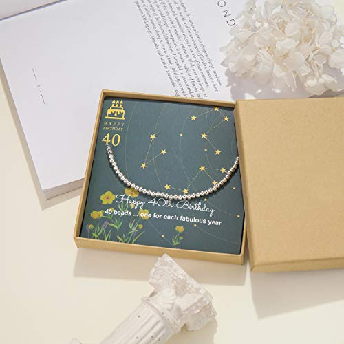 Pulsera de cuentas de plata de ley para regalo de 40 cumpleaños para mujer, con cordón ajustable de 17,78 cm a 22,86 cm
