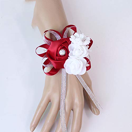 Pulsera de flores de arte con flores artificiales en la muñeca para damas de honor para el matrimonio, nupcial, flor de la mano, color burdeos