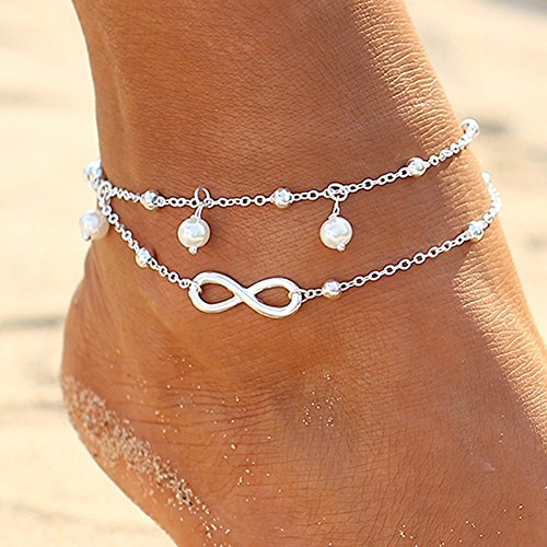 Pulsera de tobillo para mujer de Quanjucheer, para verano, playa, tobillera, Aleación, plata, 7.87" + 2.76"