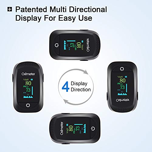Pulsioxímetro, Oxímetro Portátil de Dedo, Monitor de Ritmo Cardíaco, Monitor de Saturación de Oxígeno con Pantalla OLED Omnidireccional (incluye pilas y cordón)