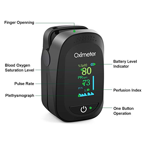Pulsioxímetro, Oxímetro Portátil de Dedo, Monitor de Ritmo Cardíaco, Monitor de Saturación de Oxígeno con Pantalla OLED Omnidireccional (incluye pilas y cordón)