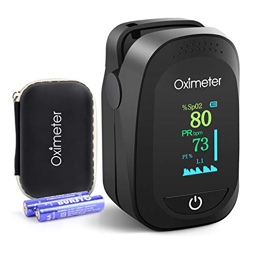 Pulsioxímetro, Oxímetro Portátil de Dedo, Monitor de Ritmo Cardíaco, Monitor de Saturación de Oxígeno con Pantalla OLED Omnidireccional (incluye pilas y cordón)