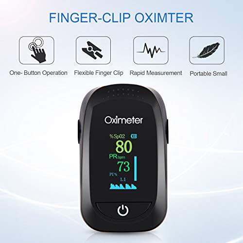 Pulsioxímetro, Oxímetro Portátil de Dedo, Monitor de Ritmo Cardíaco, Monitor de Saturación de Oxígeno con Pantalla OLED Omnidireccional (incluye pilas y cordón)