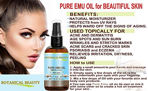 PURE EMU Oil, 100% Pure, 4 oz-120 ml. For Face, Hair, Body and Nails. Great for Dermatitis, Psoriasis, Eczema, Brittle Nails, Dry Hair & Scalp, Burns, Pain, Stretch Marks, Rosacea, Cuts, Scars, Anti- Aging and More! by Botanical Beauty