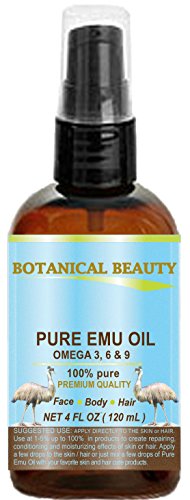 PURE EMU Oil, 100% Pure, 4 oz-120 ml. For Face, Hair, Body and Nails. Great for Dermatitis, Psoriasis, Eczema, Brittle Nails, Dry Hair & Scalp, Burns, Pain, Stretch Marks, Rosacea, Cuts, Scars, Anti- Aging and More! by Botanical Beauty