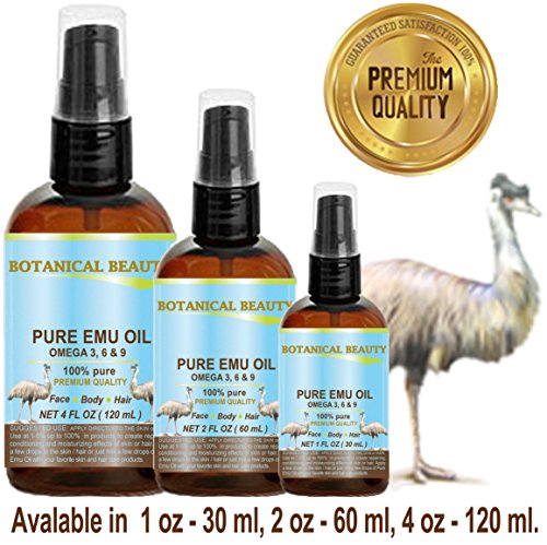 PURE EMU Oil, 100% Pure, 4 oz-120 ml. For Face, Hair, Body and Nails. Great for Dermatitis, Psoriasis, Eczema, Brittle Nails, Dry Hair & Scalp, Burns, Pain, Stretch Marks, Rosacea, Cuts, Scars, Anti- Aging and More! by Botanical Beauty